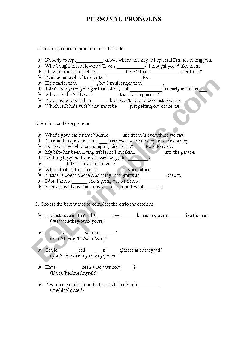 personal pronouns worksheet