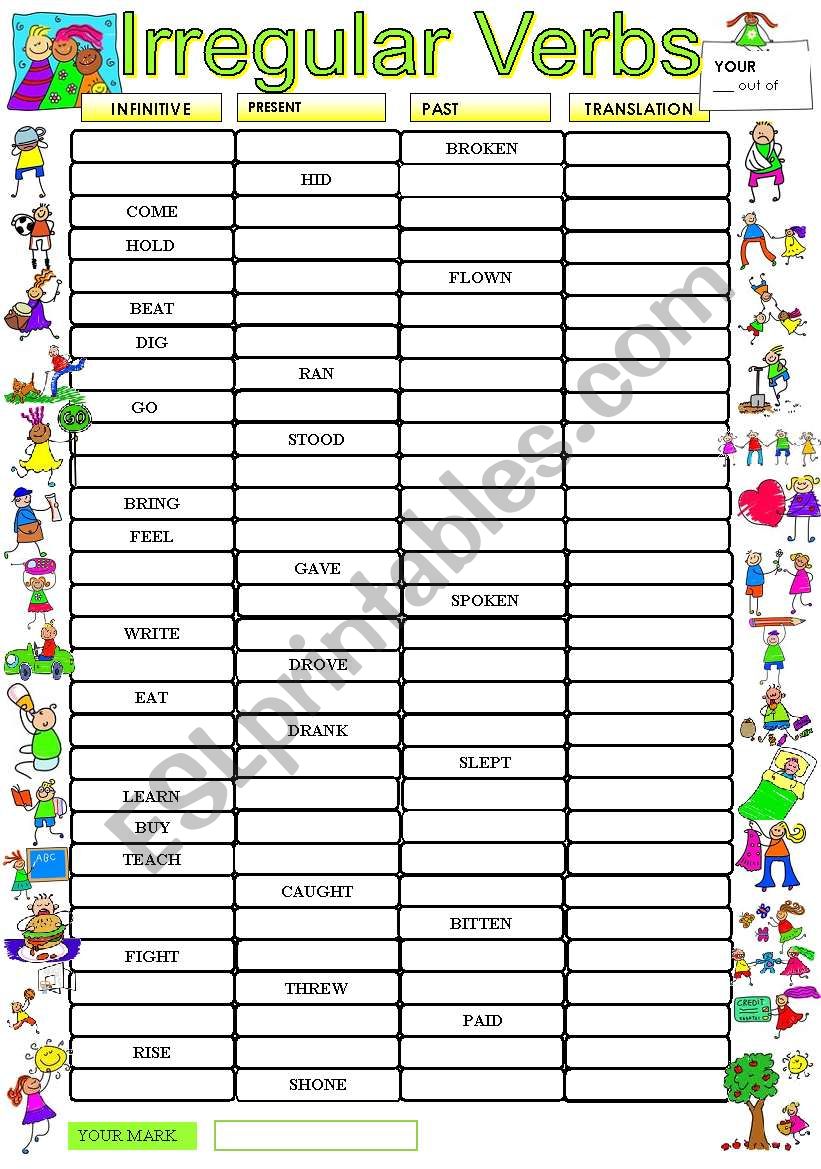 IRREGULAR VERBS TEST. Check your studentsÂ´ knowledge.