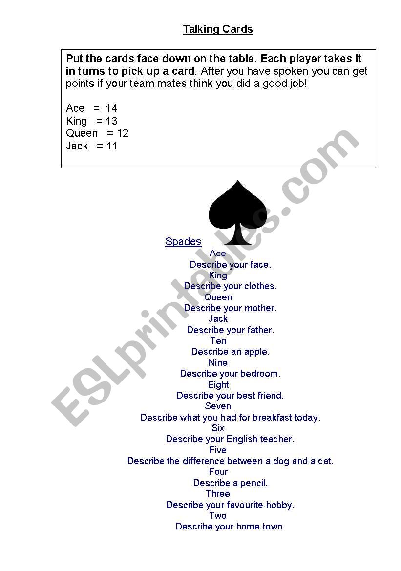 Conversation Poker Game worksheet