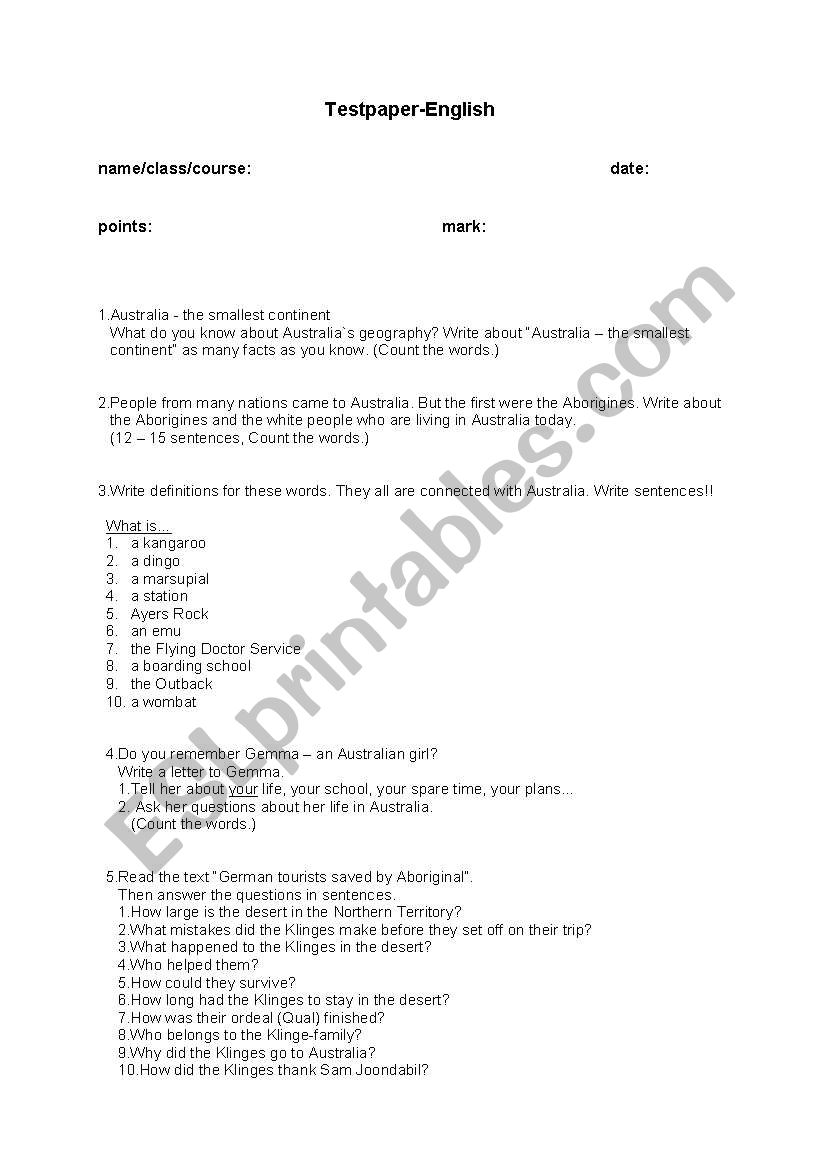 test Australia worksheet