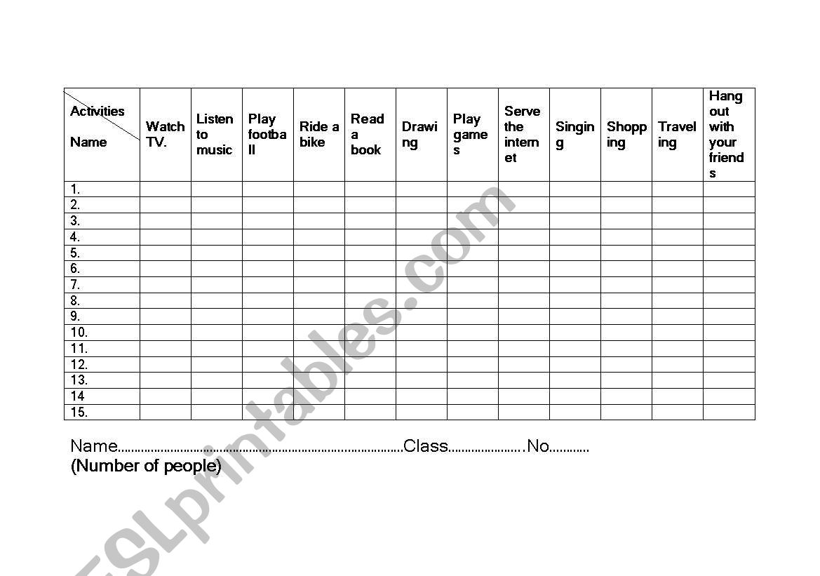 Activities worksheet