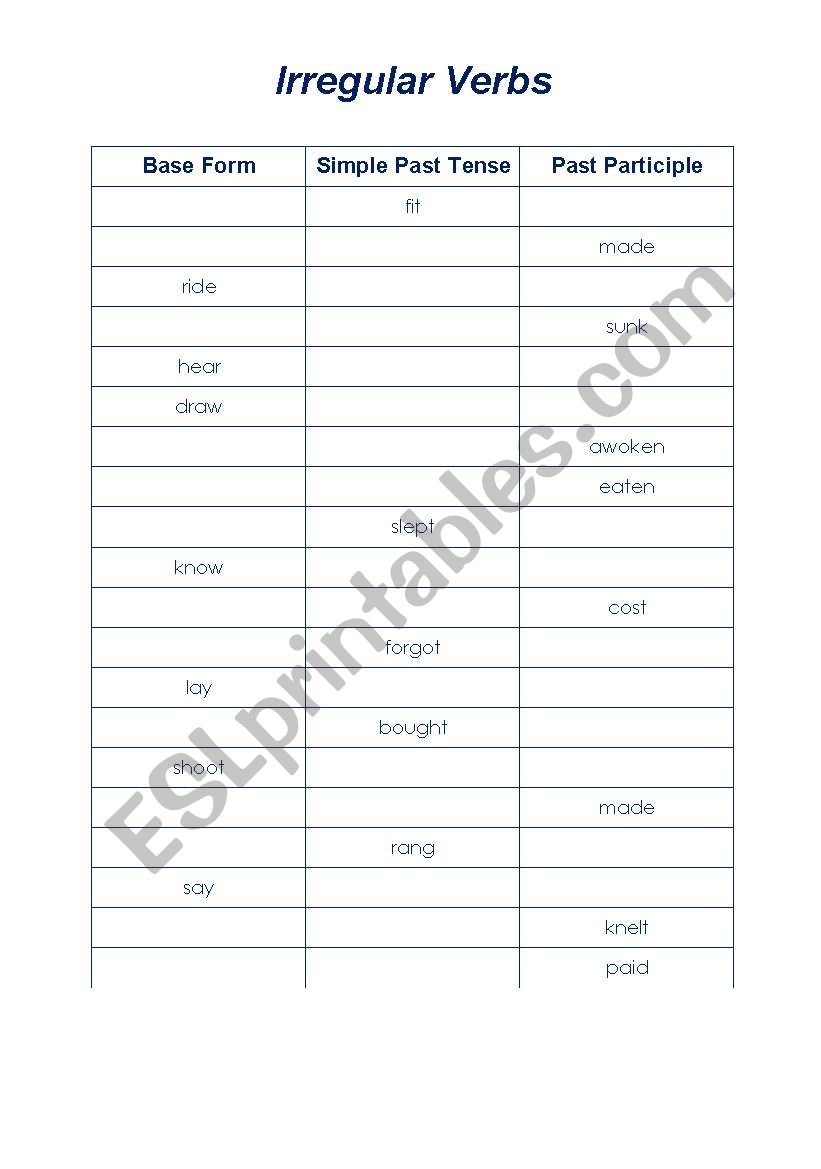Irregular verbs  worksheet