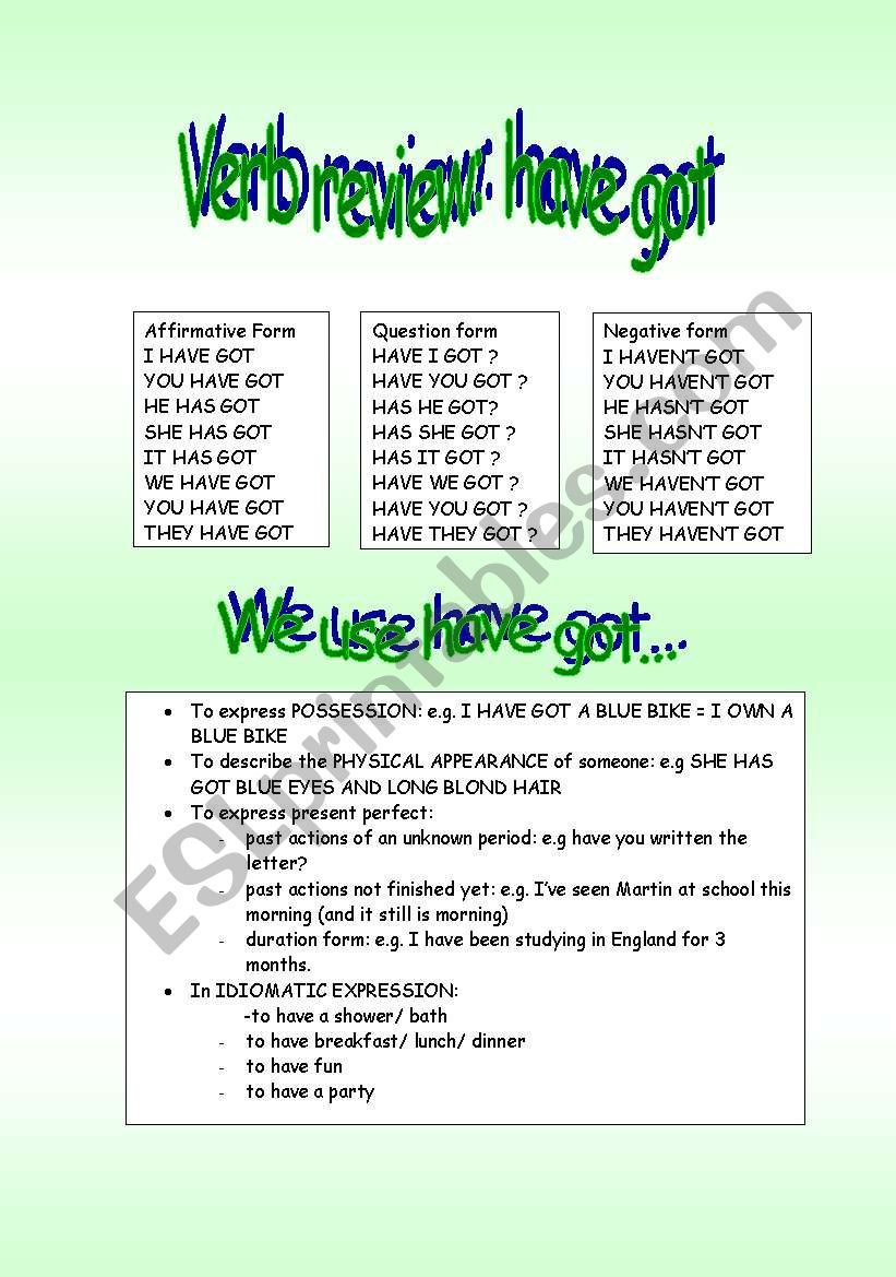 verb review: have got  worksheet