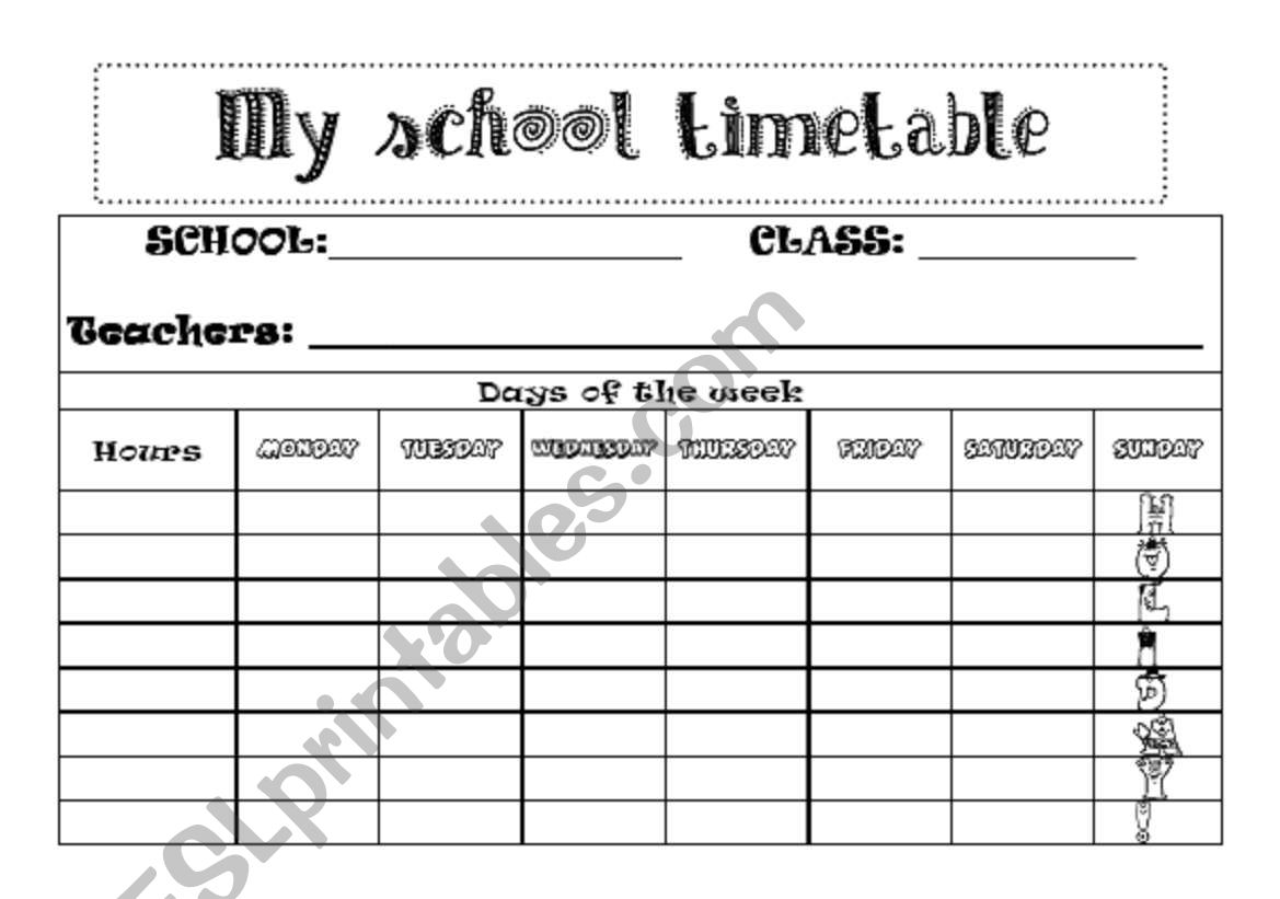 My school timetable worksheet