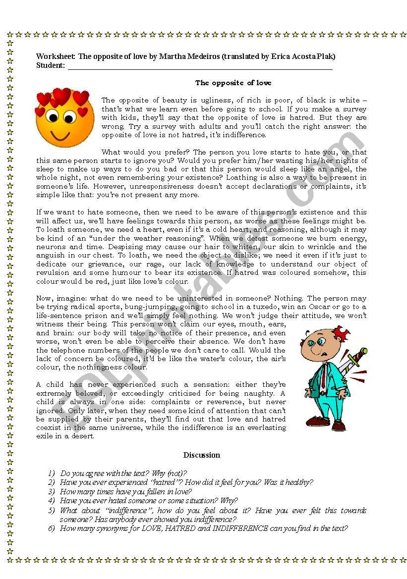 The opposite of love - translated and used as a discussion worksheet