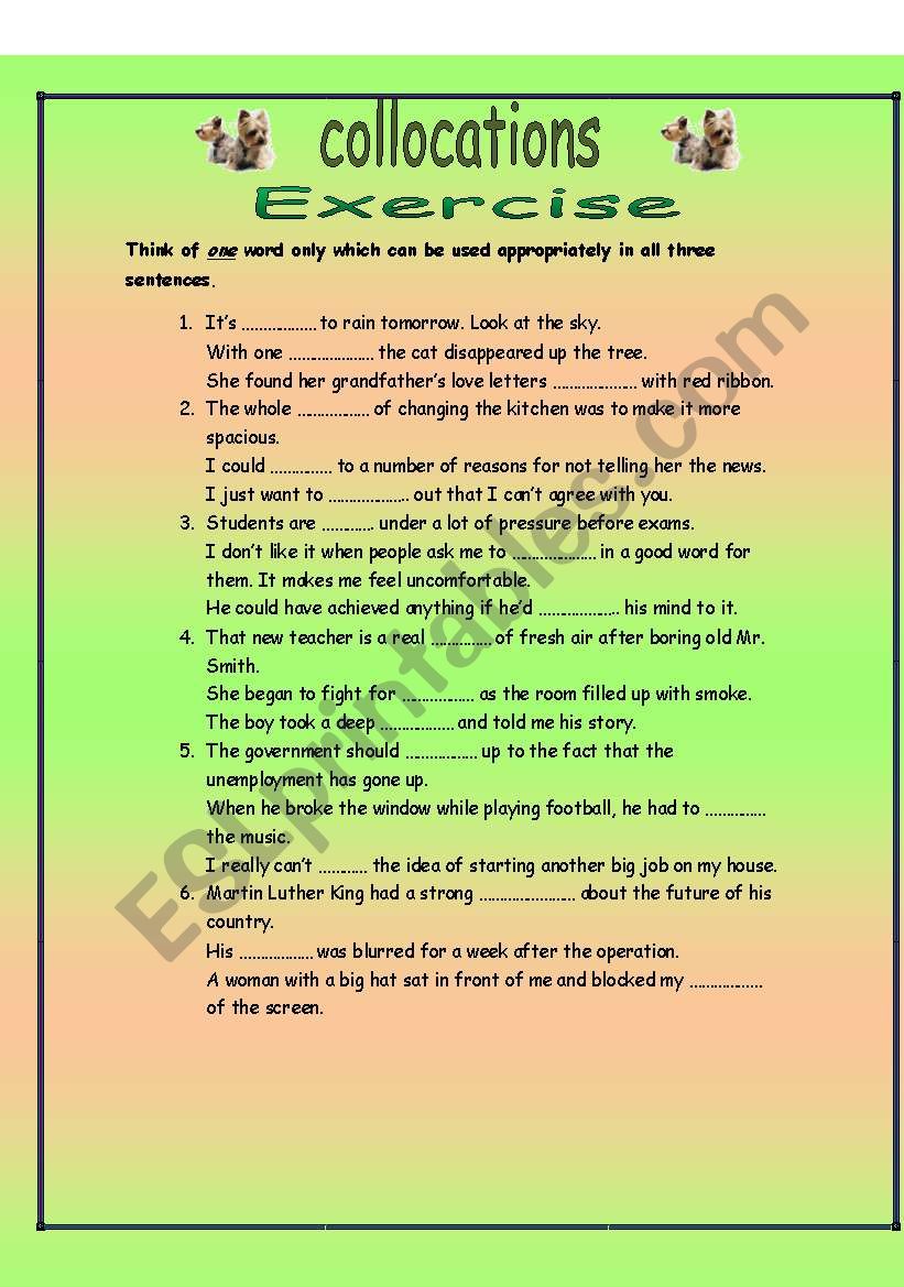 Collocations. One word for three sentences. One exercise and 20 definition cards for advanced students. Key and ideas for use on page 14