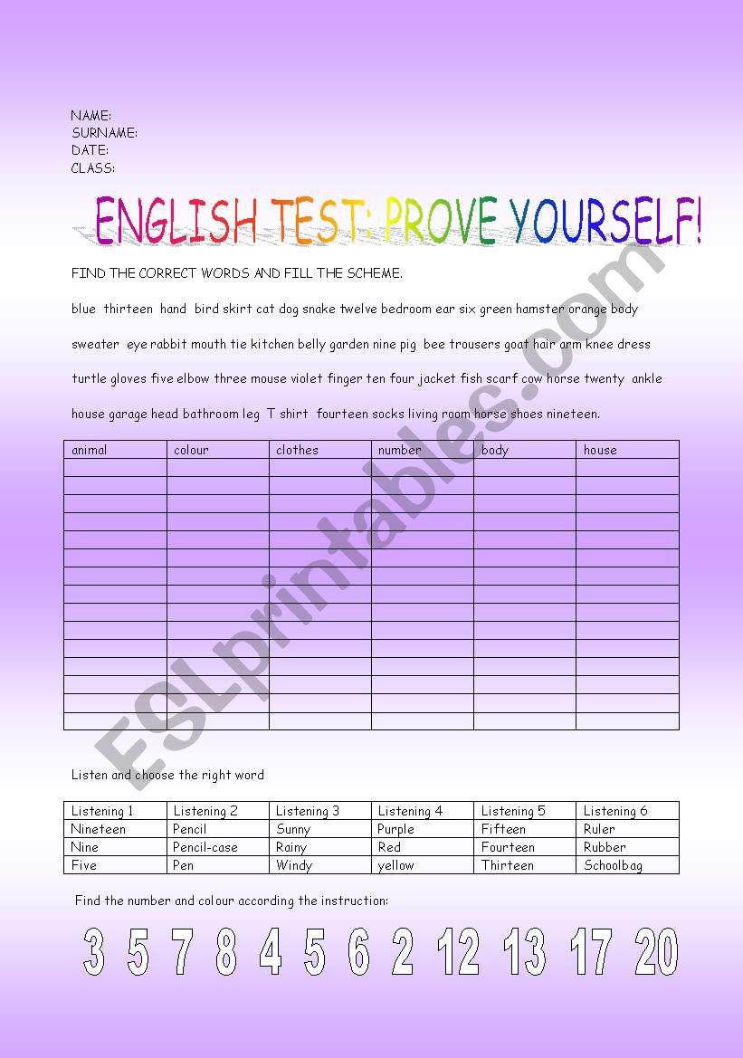 test worksheet