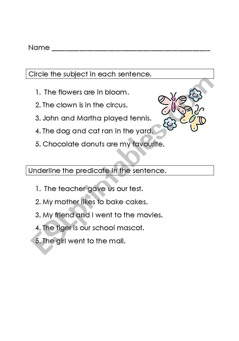 Subject and Predicate worksheet