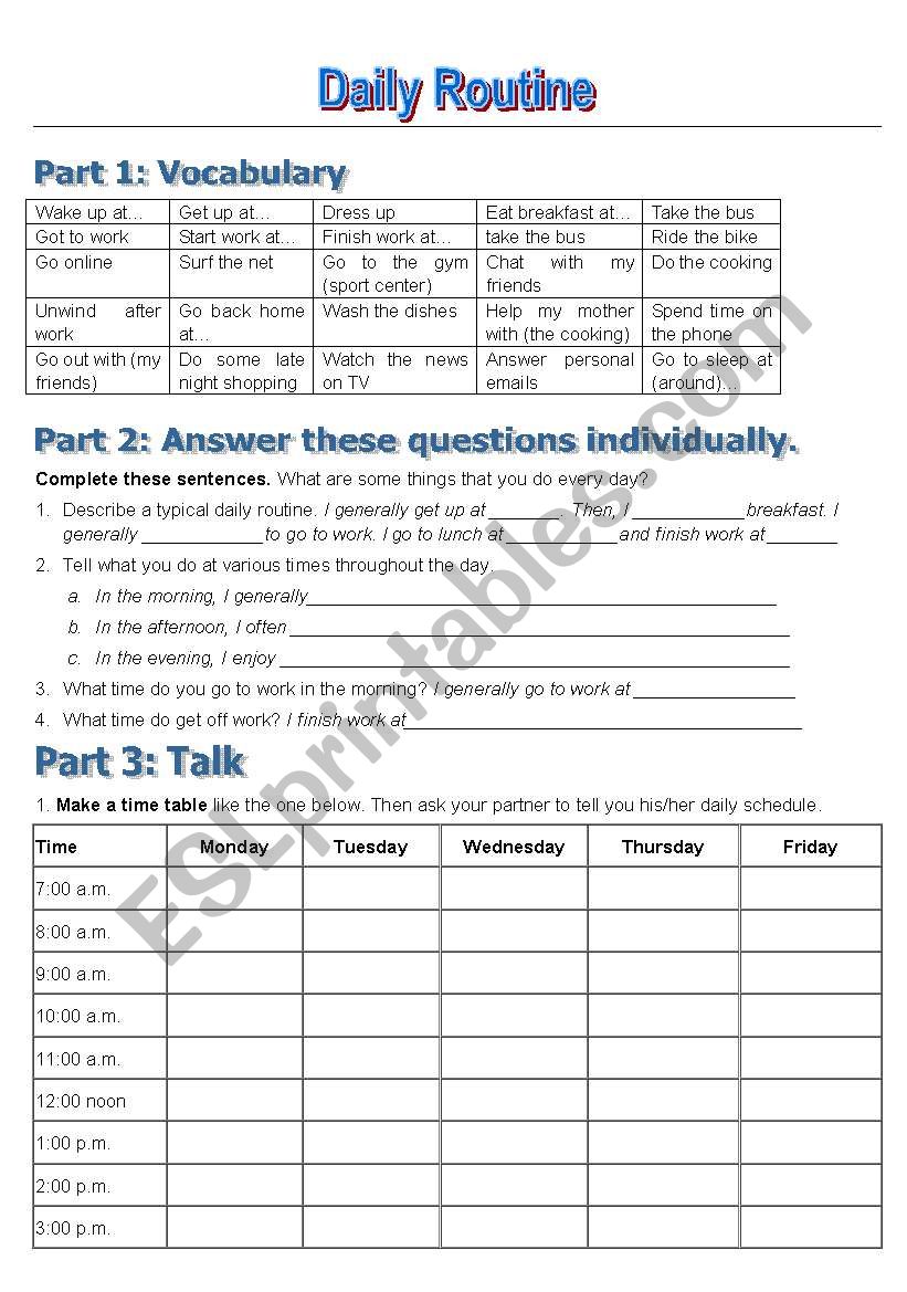 Daily routine worksheet