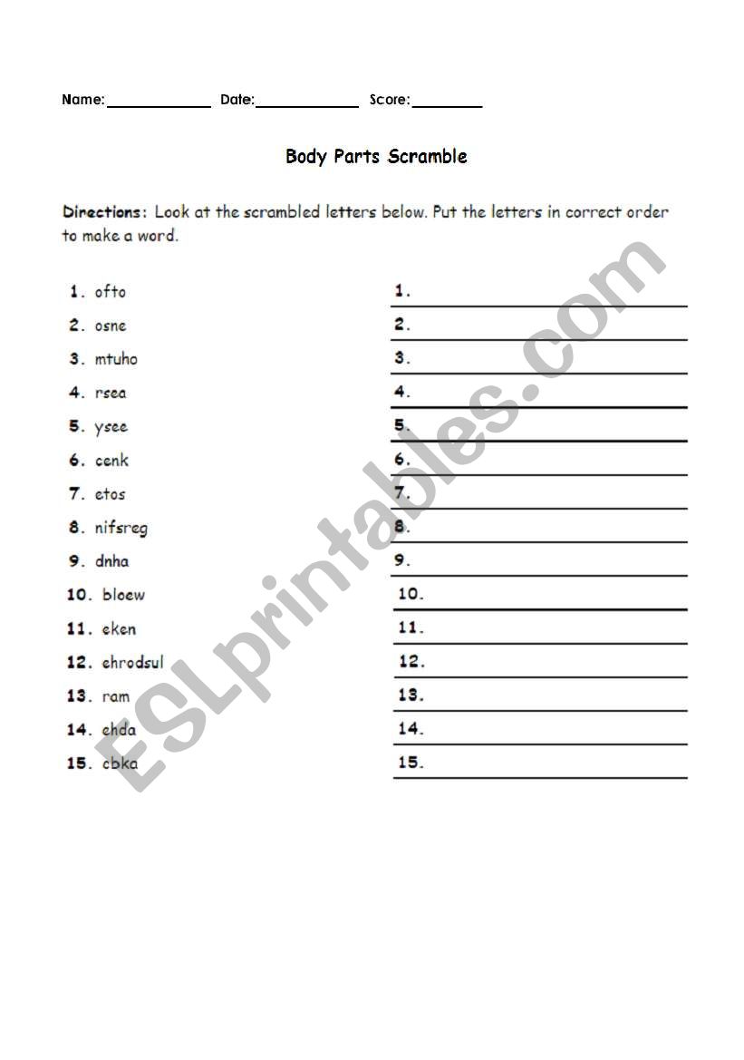 Body Parts Scramble worksheet