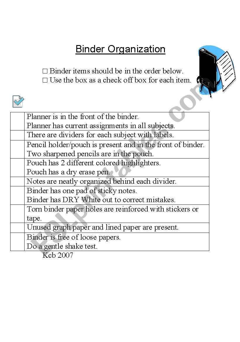 Binder Organization worksheet