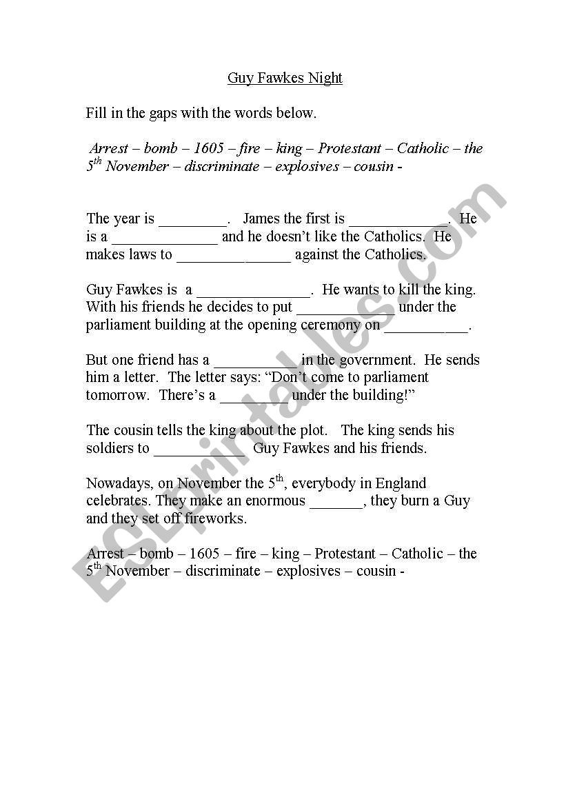 Guy Fawkes night worksheet