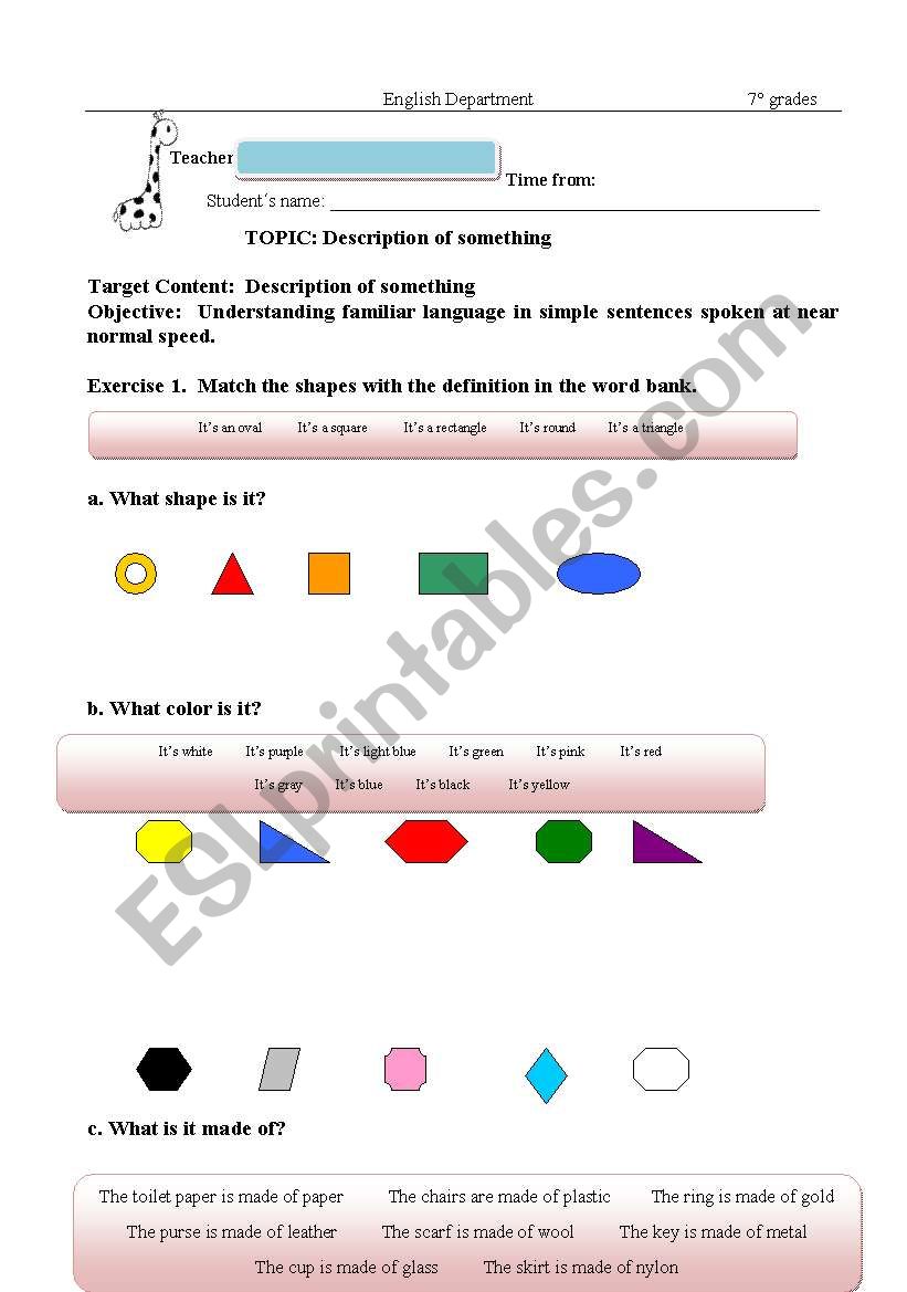 shapes, colours  worksheet