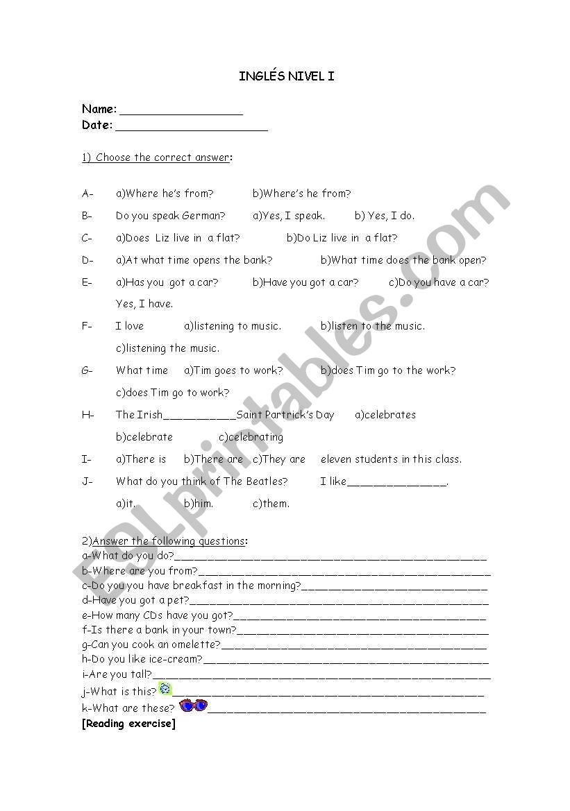 Grammar test level I worksheet