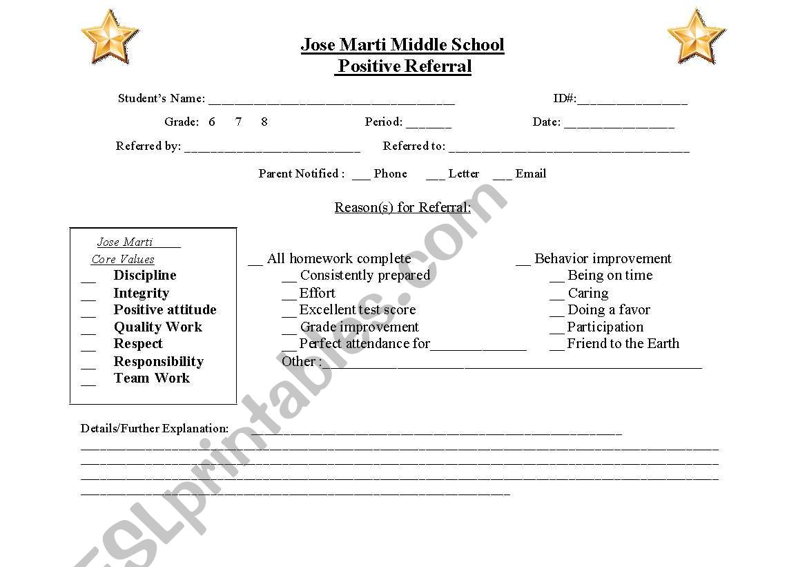 Positive Referral Form worksheet