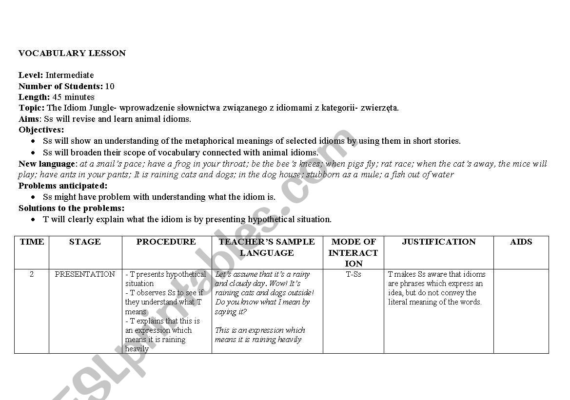 The Idiom Jungle- lesson plan worksheet