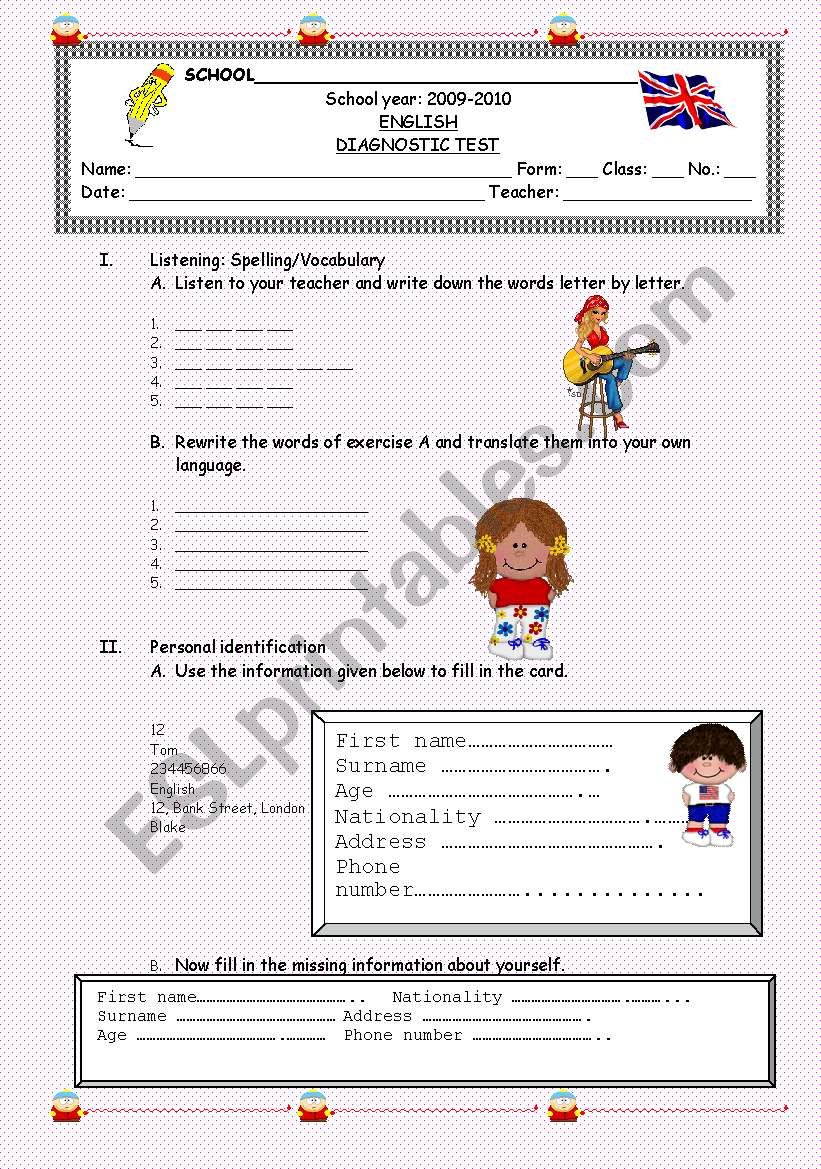 Diagnostic test worksheet