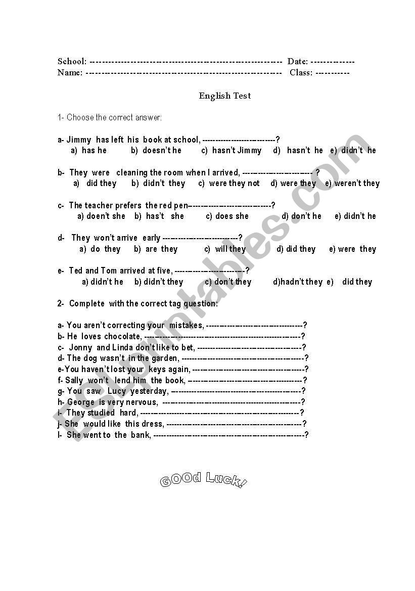 tag  questions worksheet
