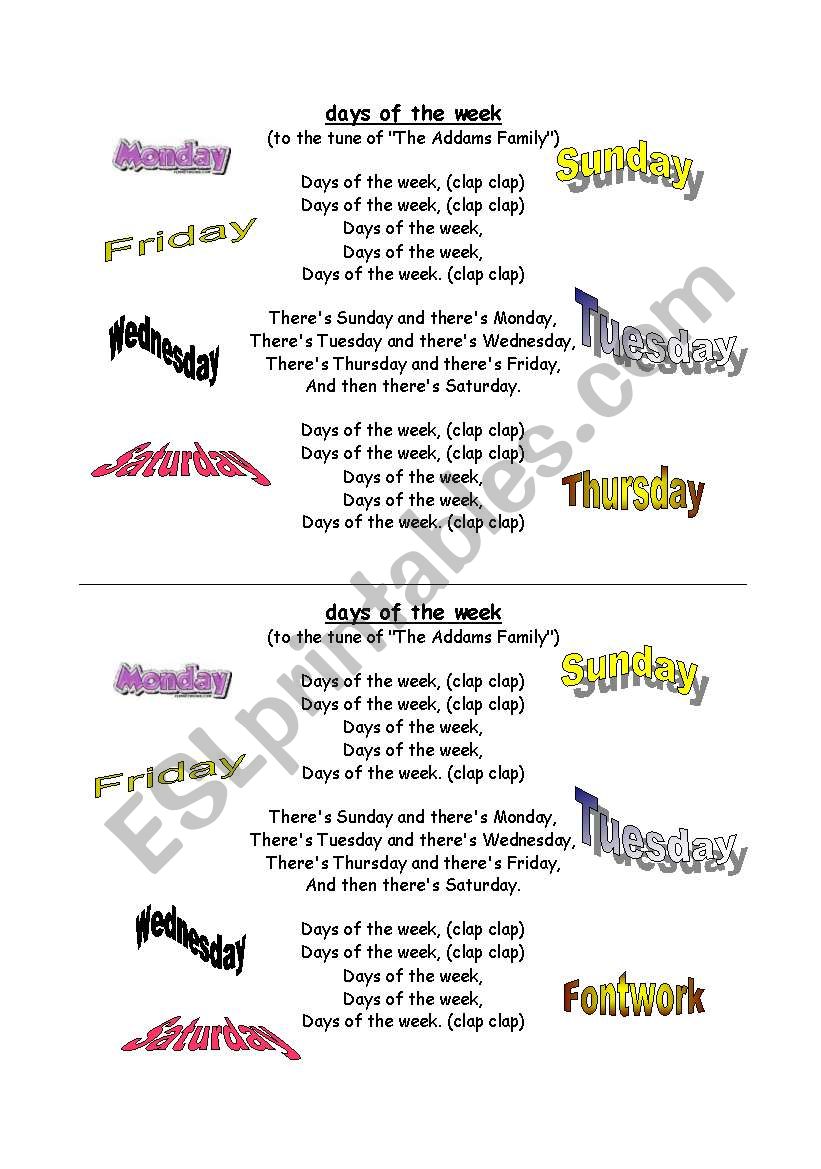 DAYS OF THE WEEK SONG worksheet