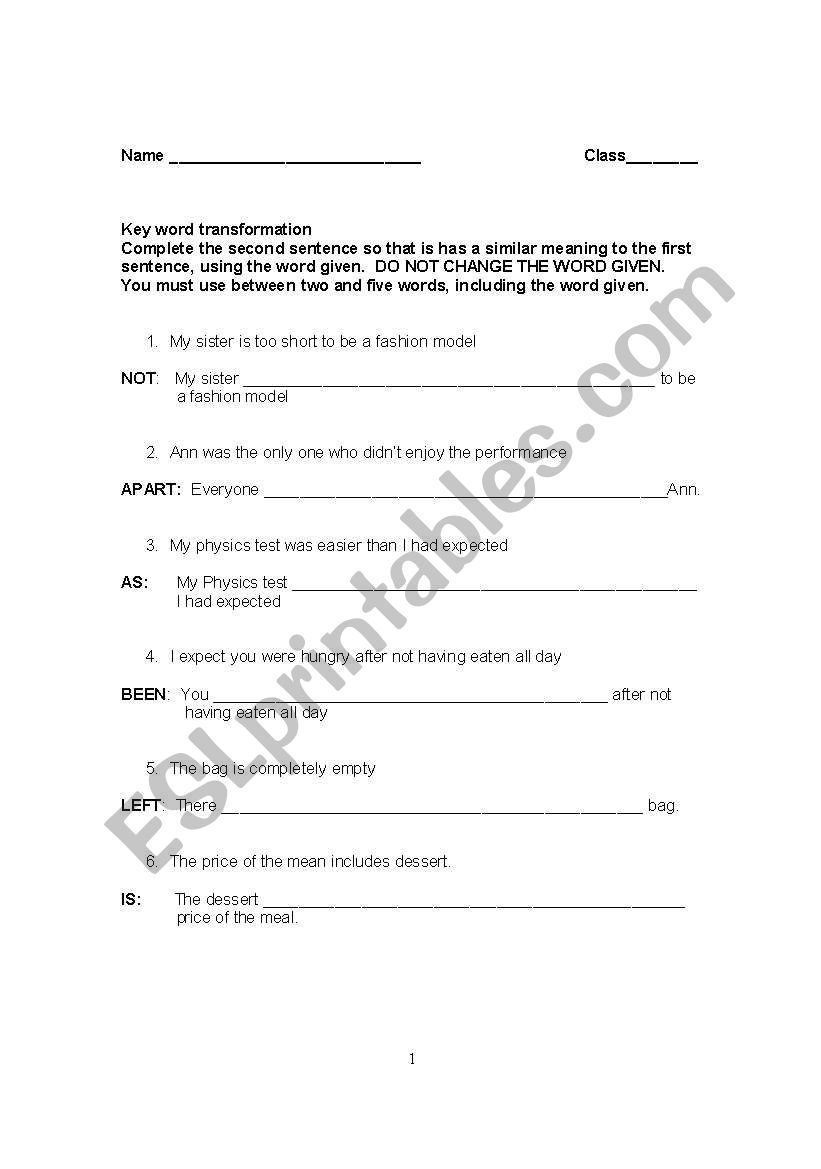 key word transformation worksheet