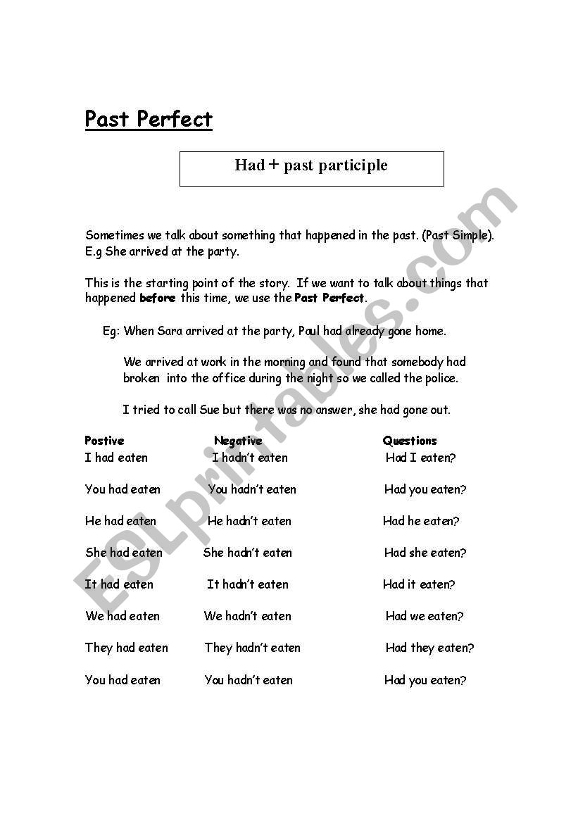 past perfect worksheet