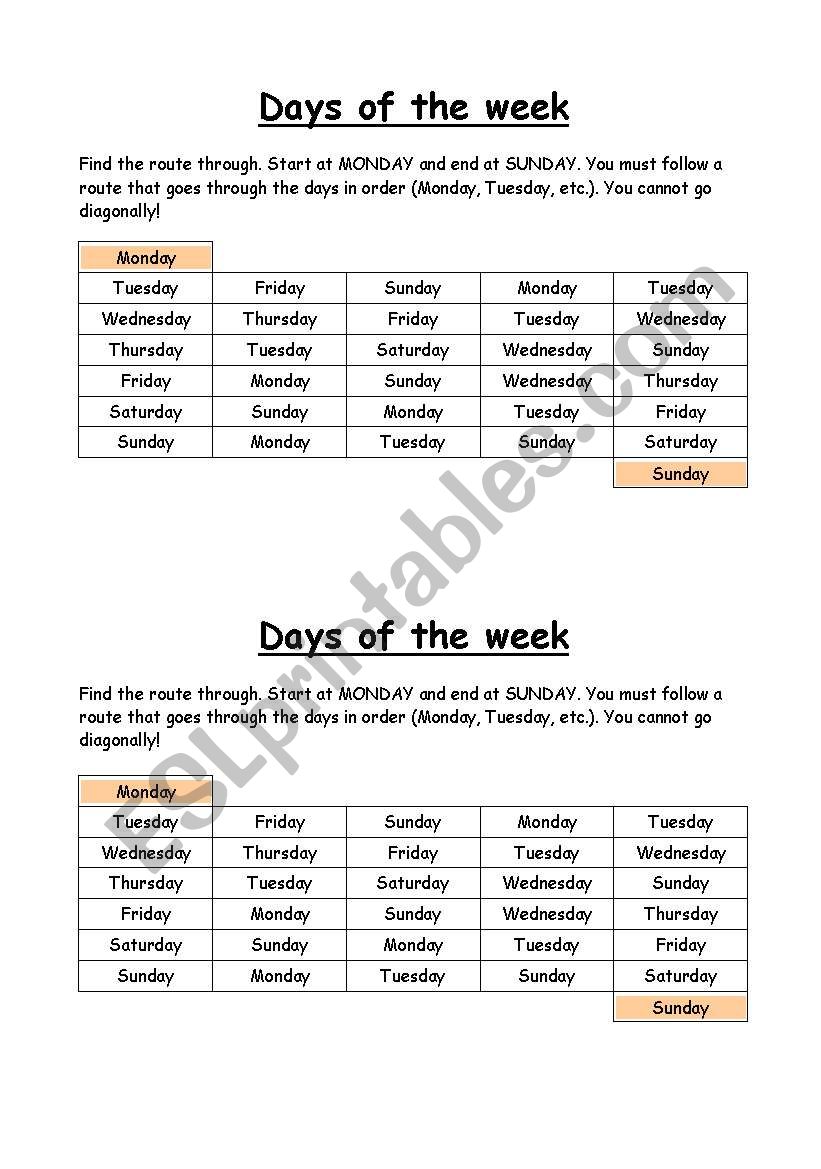 Days of the week WORD PATH worksheet