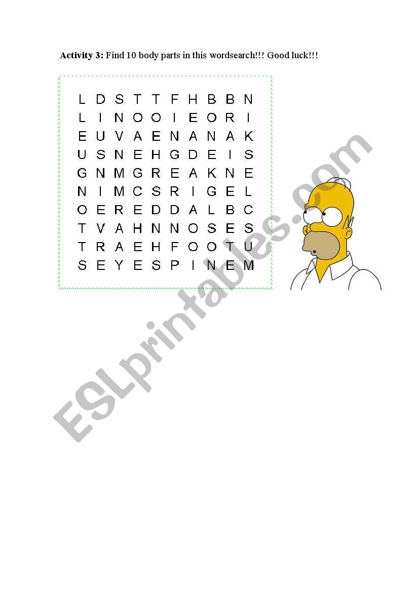 Wordsearch body parts worksheet