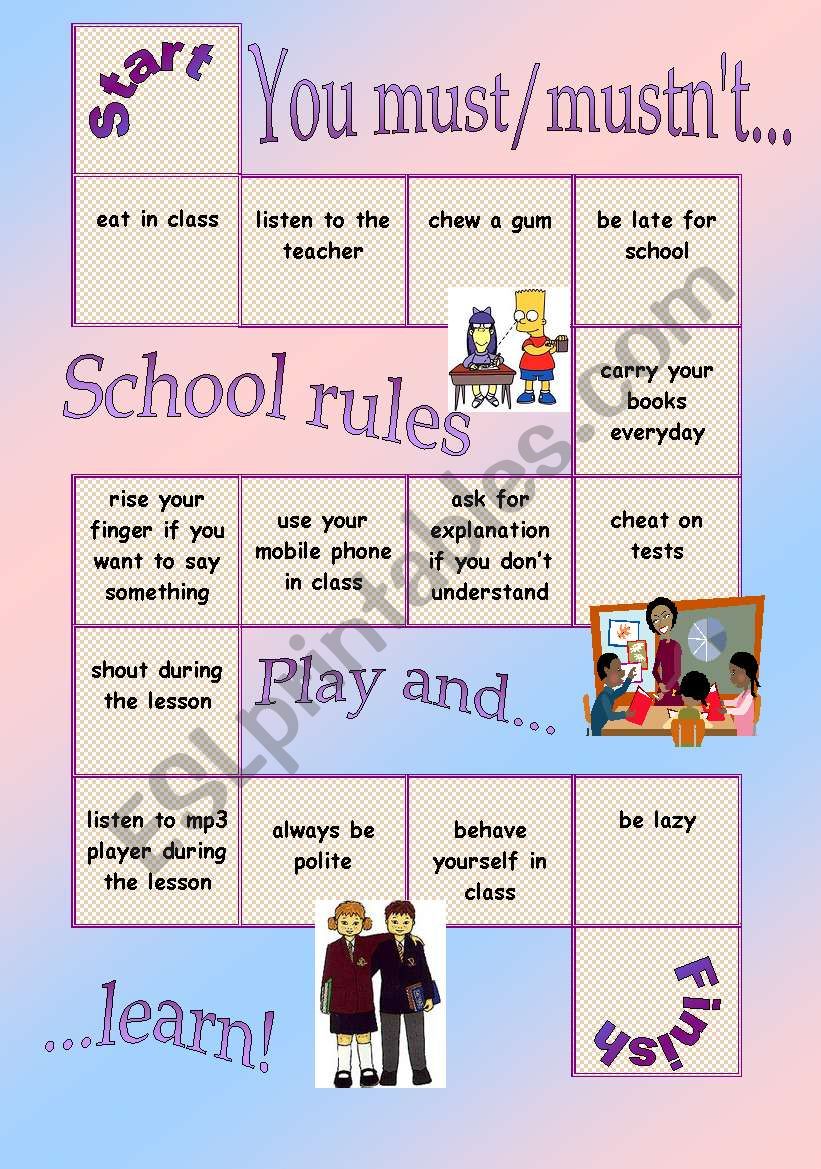 Board game - school rules worksheet