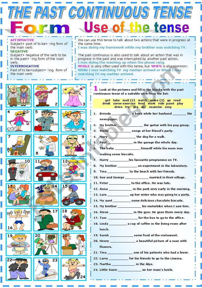 THE PAST CONTINUOUS TENSE- TWO PAGES (B&W VERSION INCLUDED)