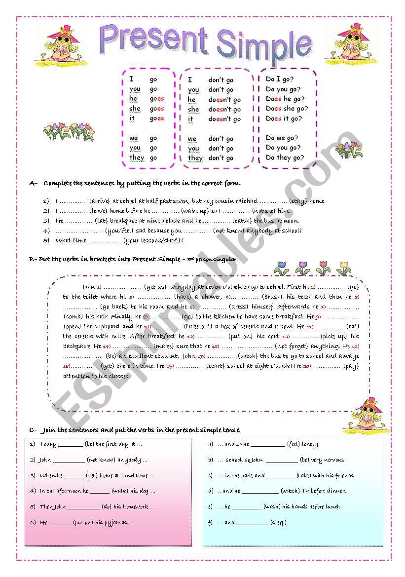Present Simple exercises: brief explanation, completing sentences and matching exercises