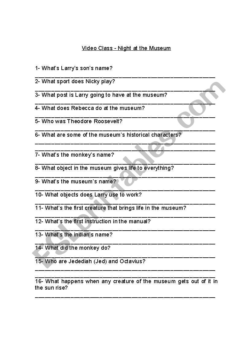 Night at the Museum worksheet