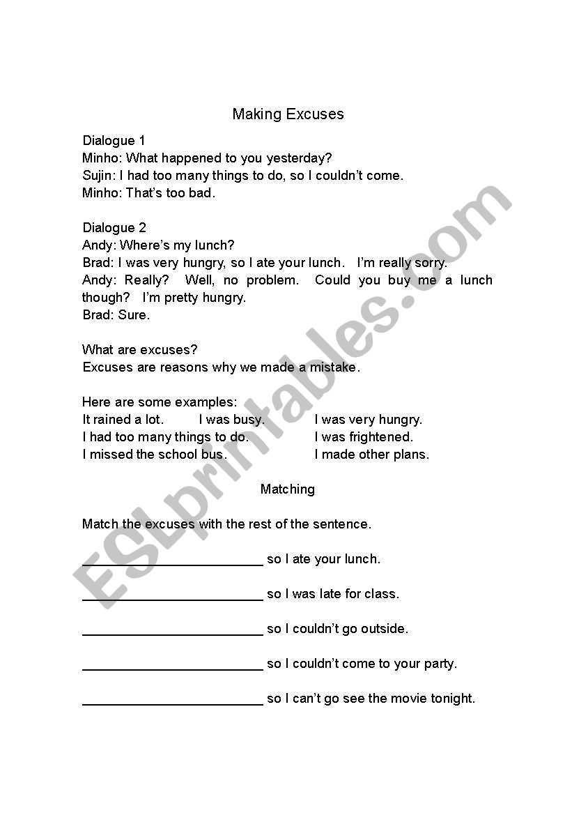 Making Excuses worksheet