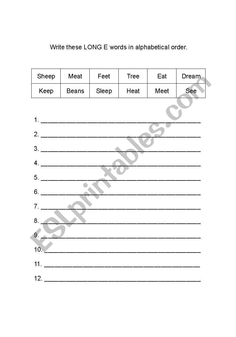 Long E Words worksheet