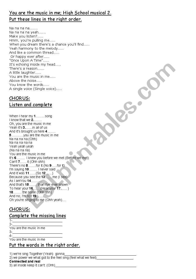 You are the music in me worksheet