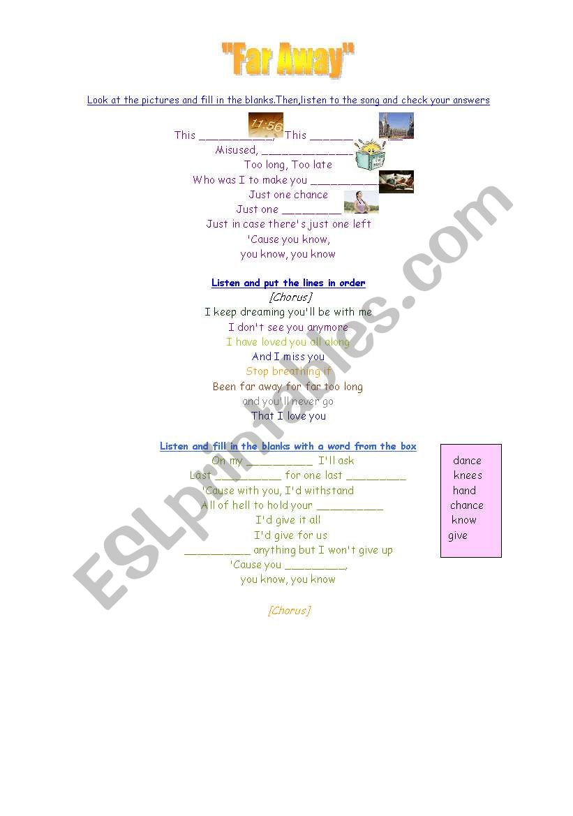 Far away- Nickelback worksheet