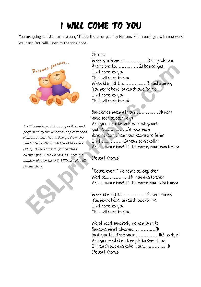 Song: I will come to you worksheet