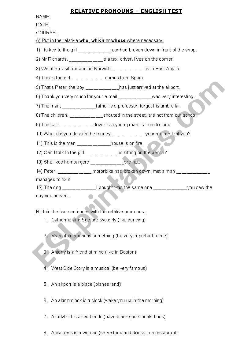 relative pronouns worksheet