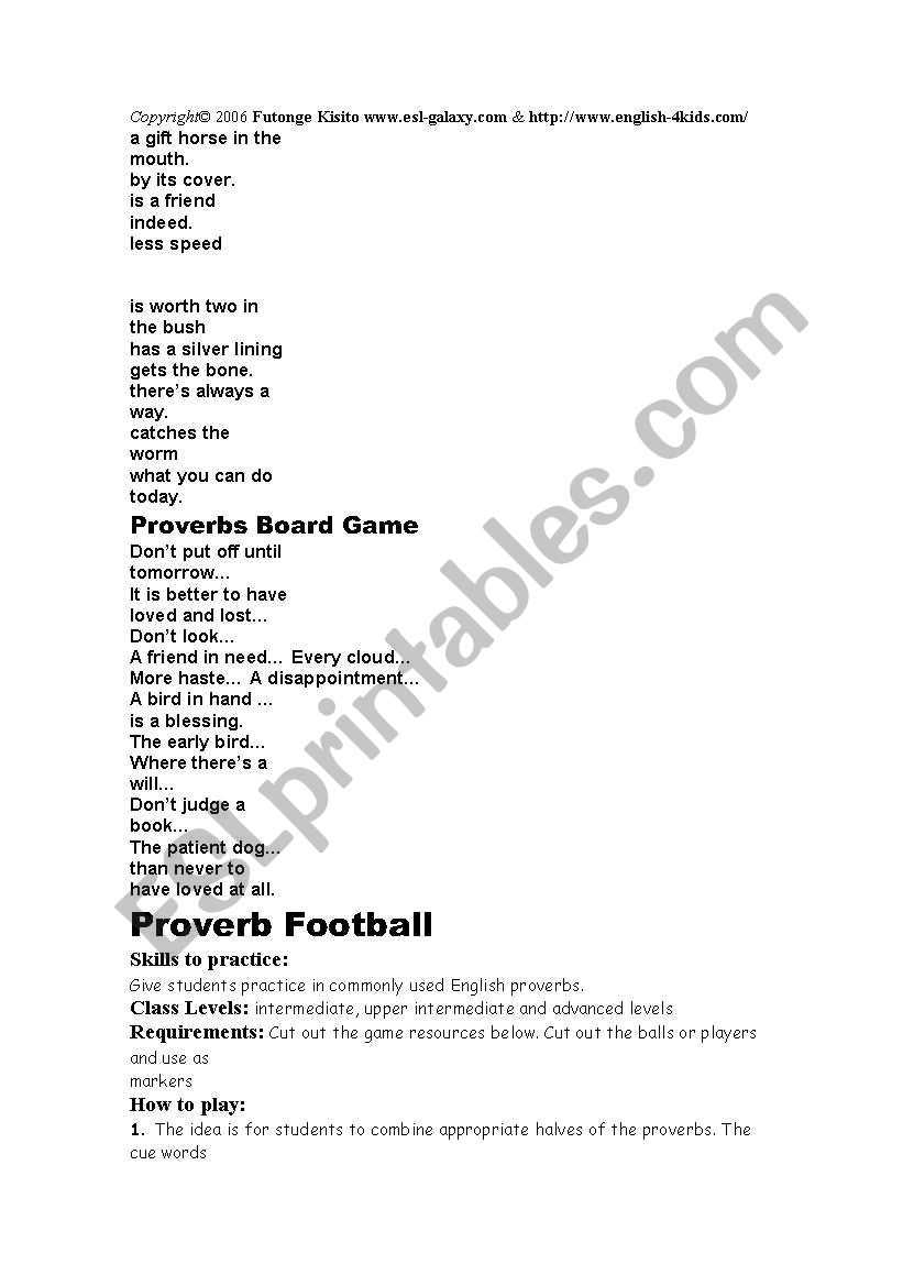 proberb game worksheet