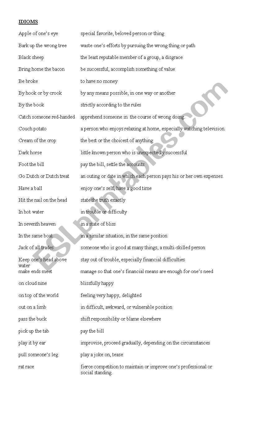 english idiomatic expressions worksheet
