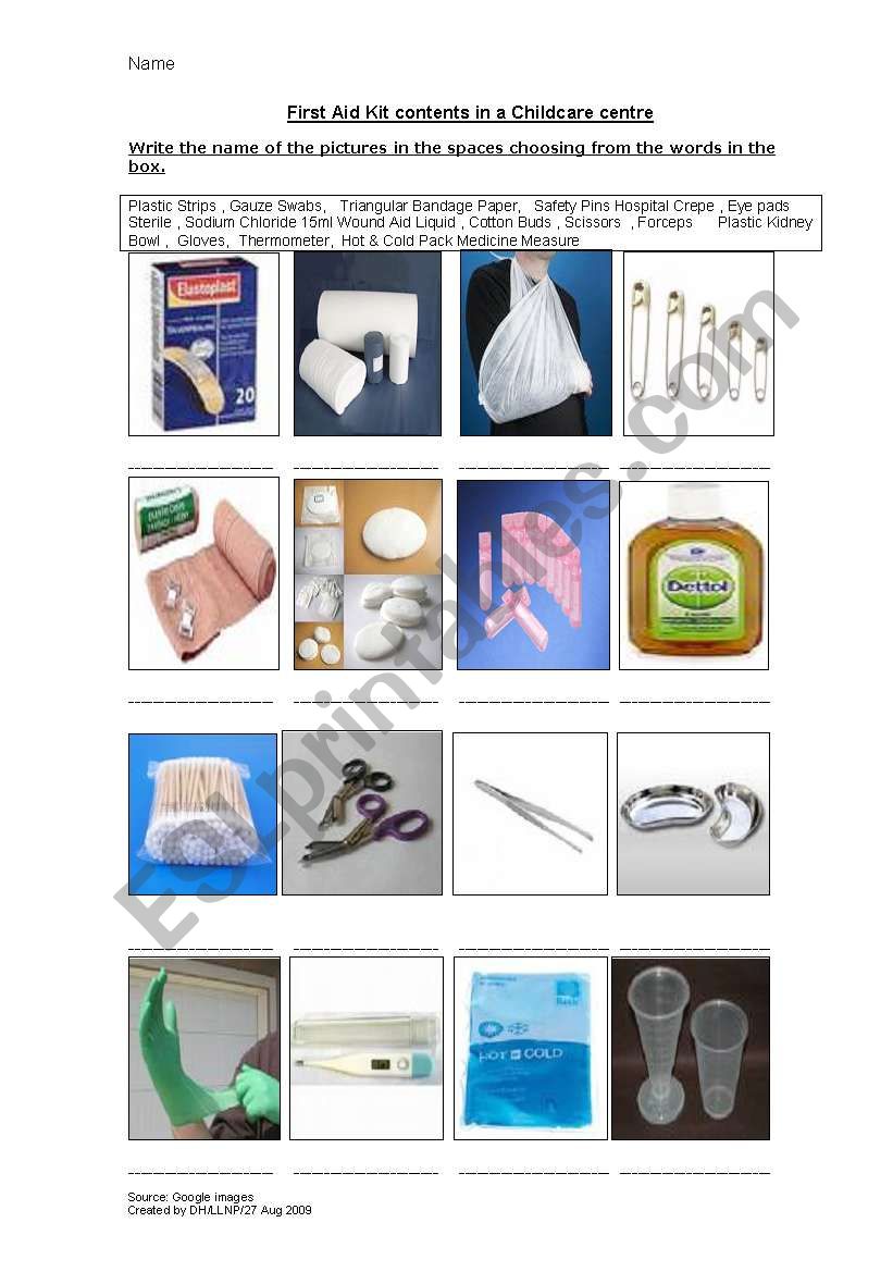 First Aid KIt contents worksheet