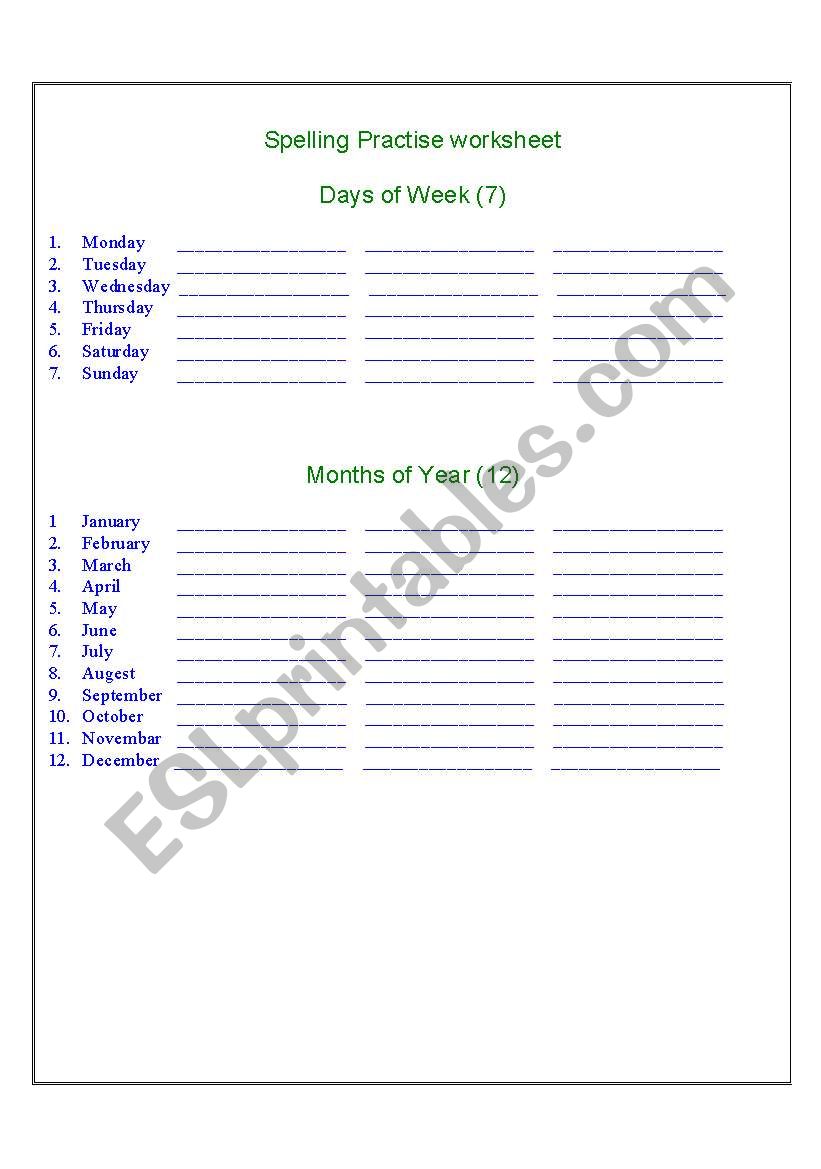 SPELLING PRACTISE WORKSHEET worksheet