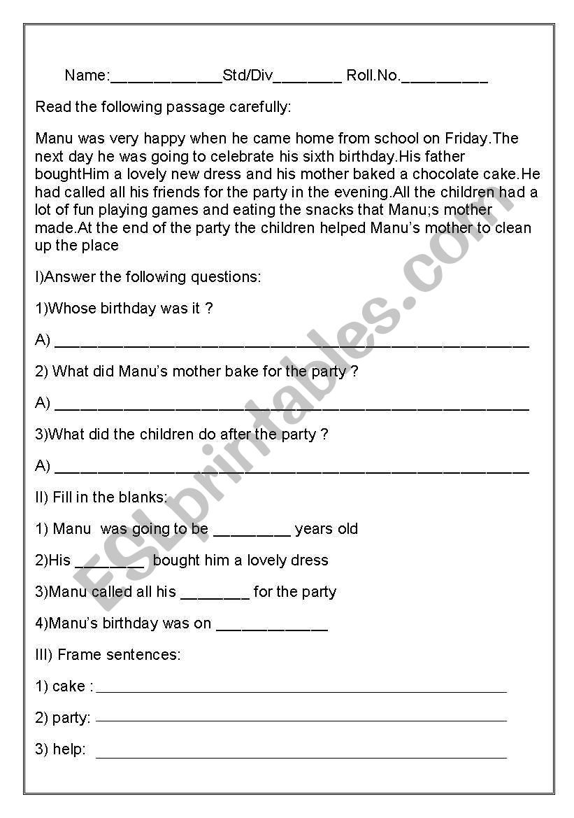 Comprehension Worksheet  worksheet