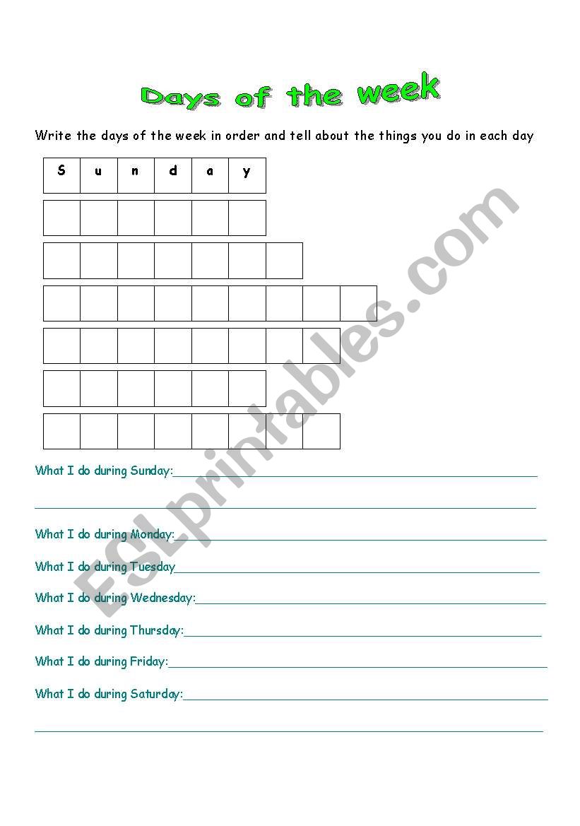 Days of the week worksheet