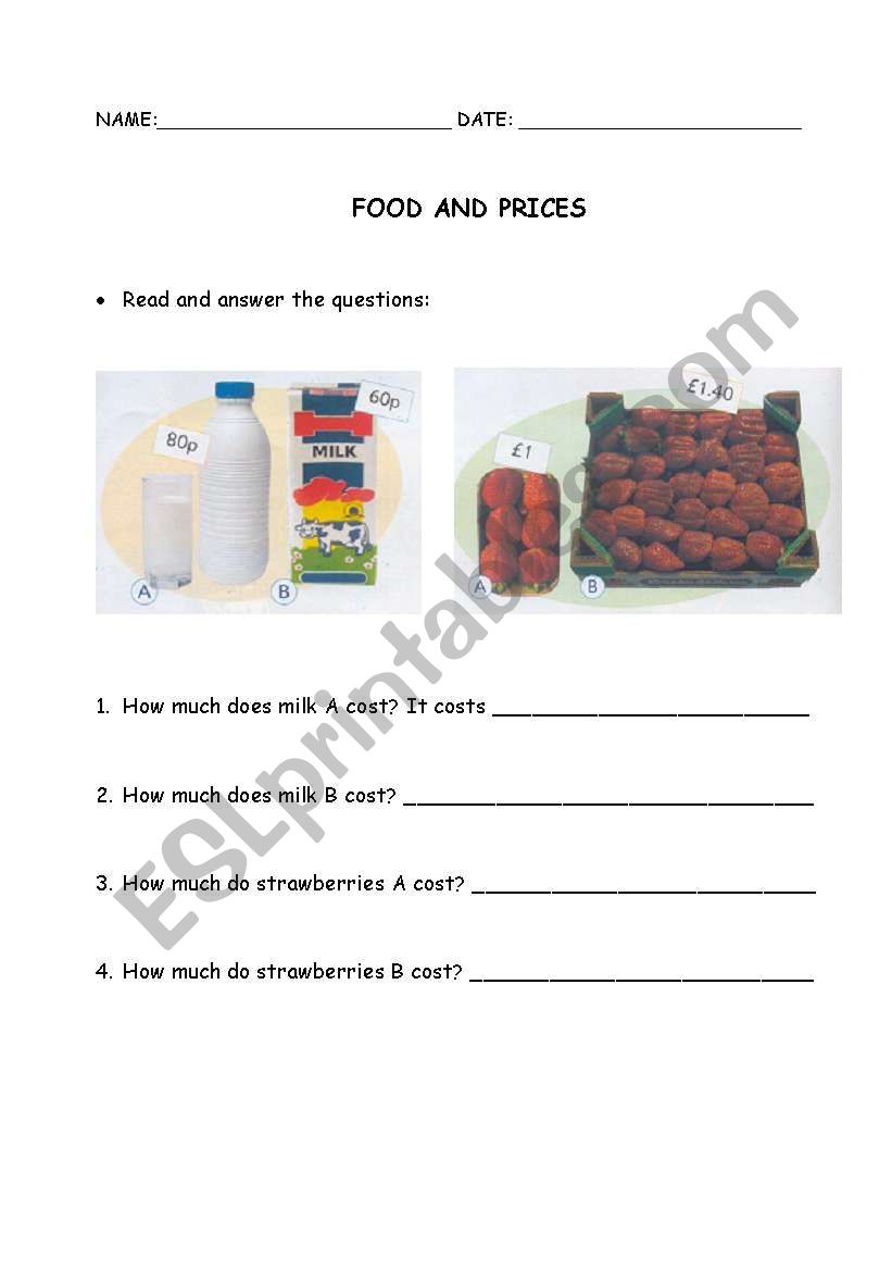 food and price worksheet