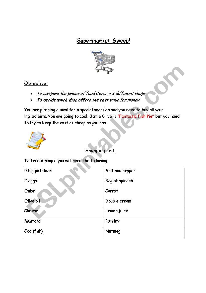 Supermarket Sweep worksheet