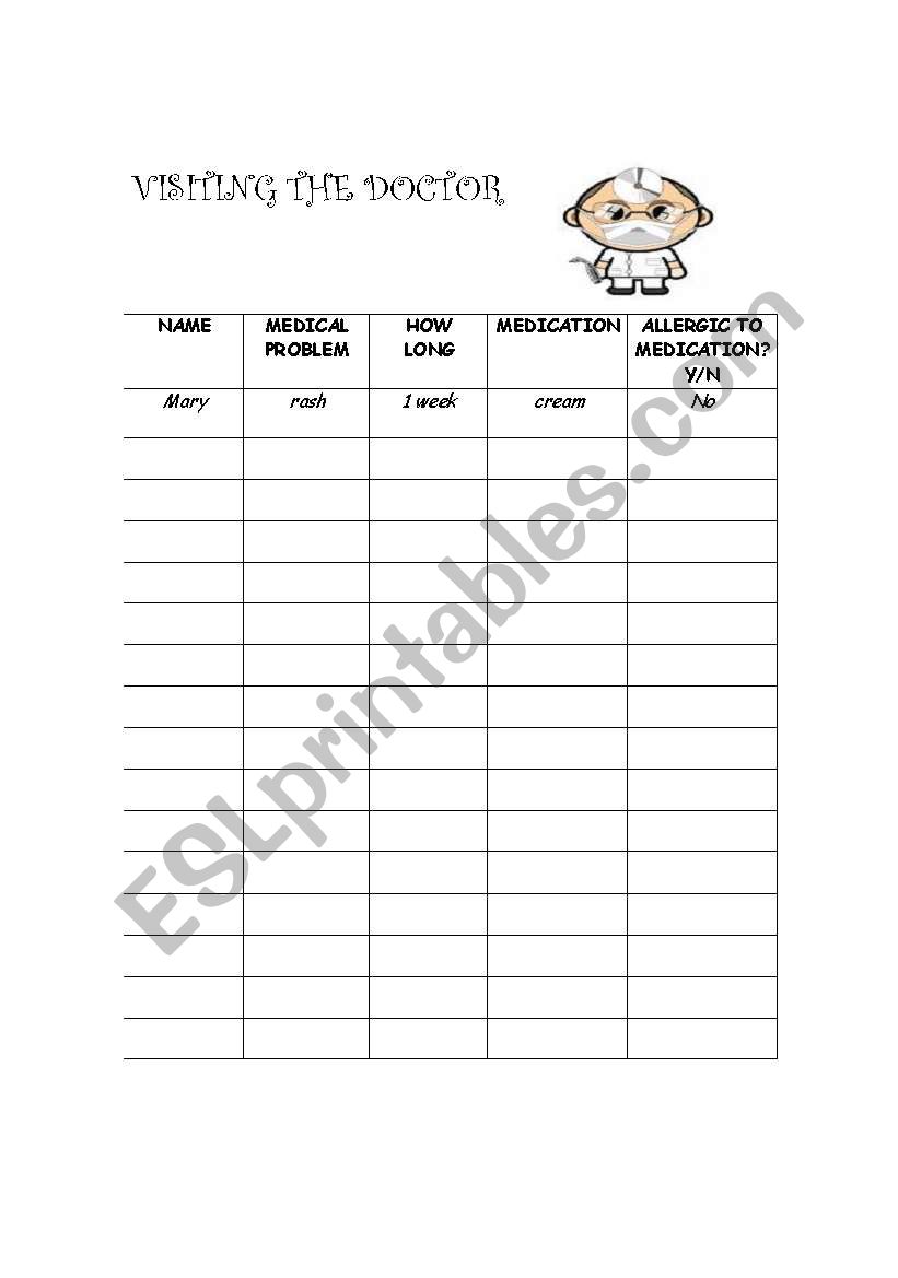 Doctors Role Play Sheet worksheet