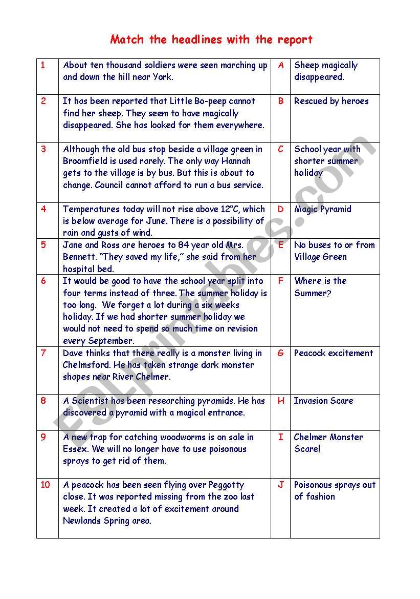 Headlines worksheet