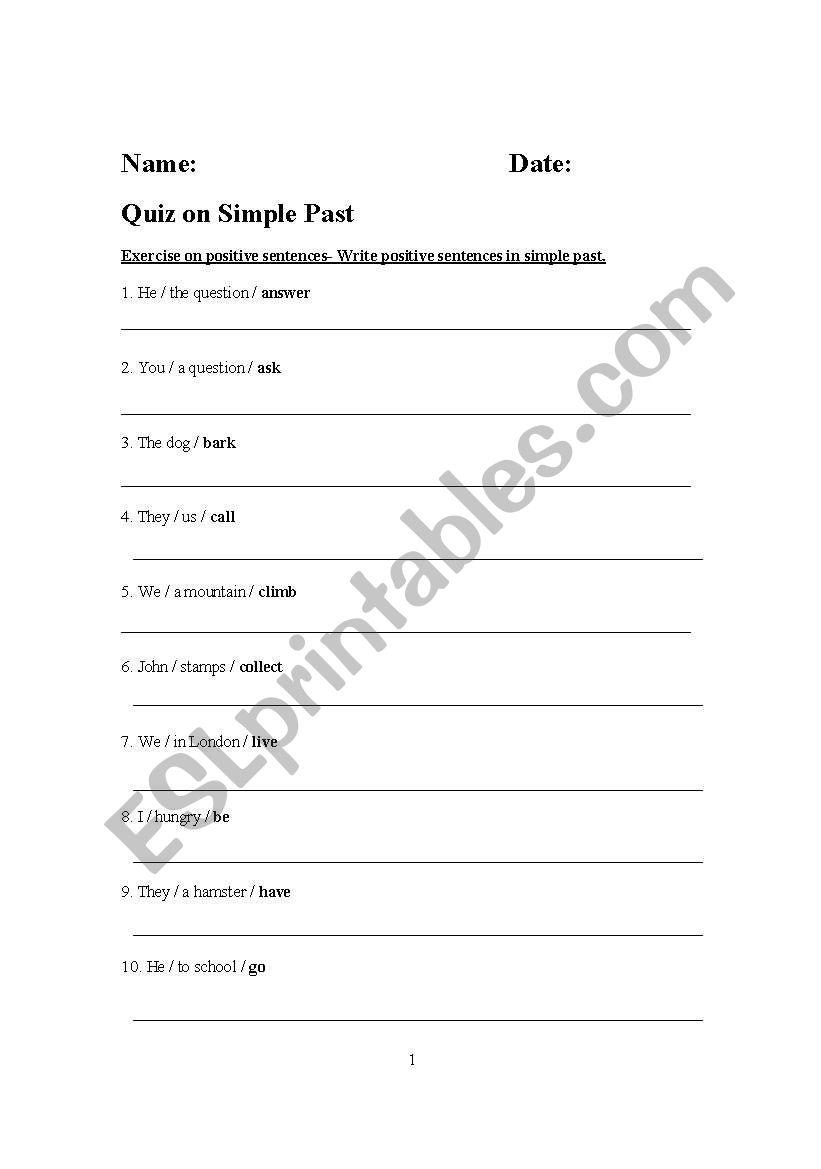 Quiz on Past Simple worksheet