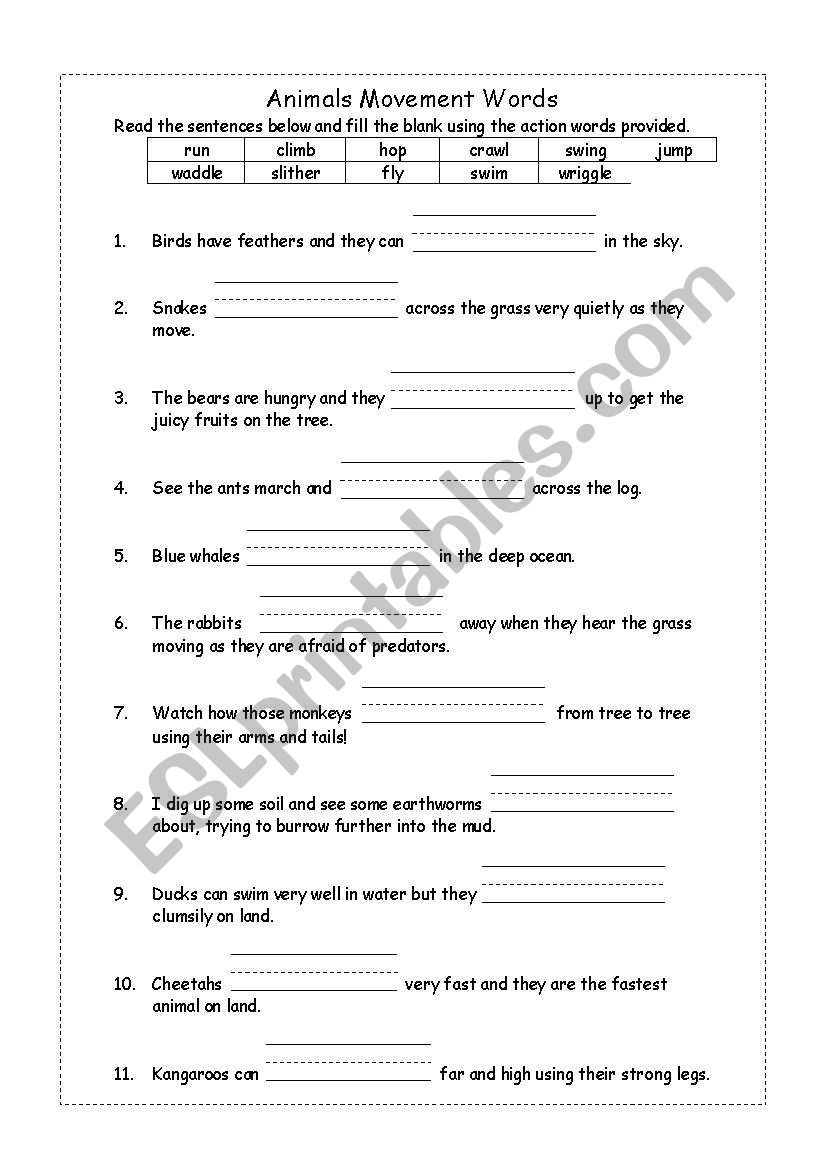 Animal Movement Words worksheet