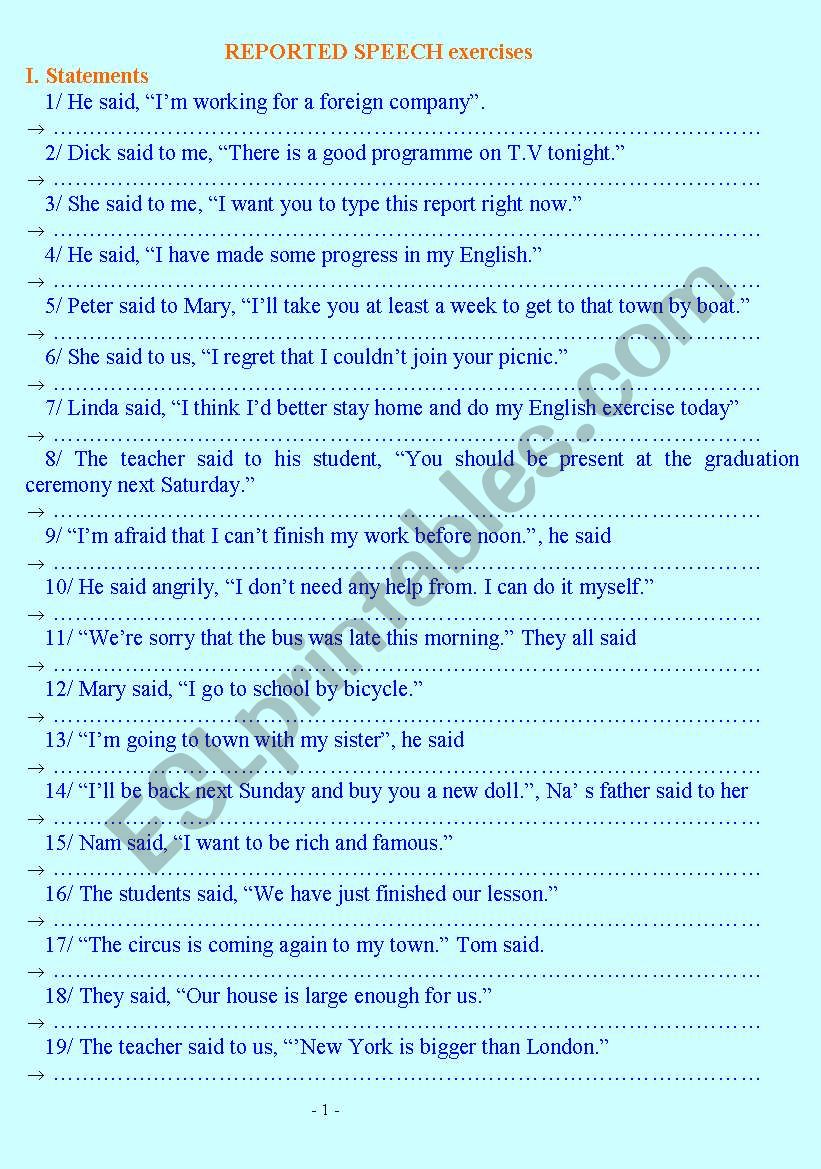 REPORTED SPEECH EXERCISES worksheet